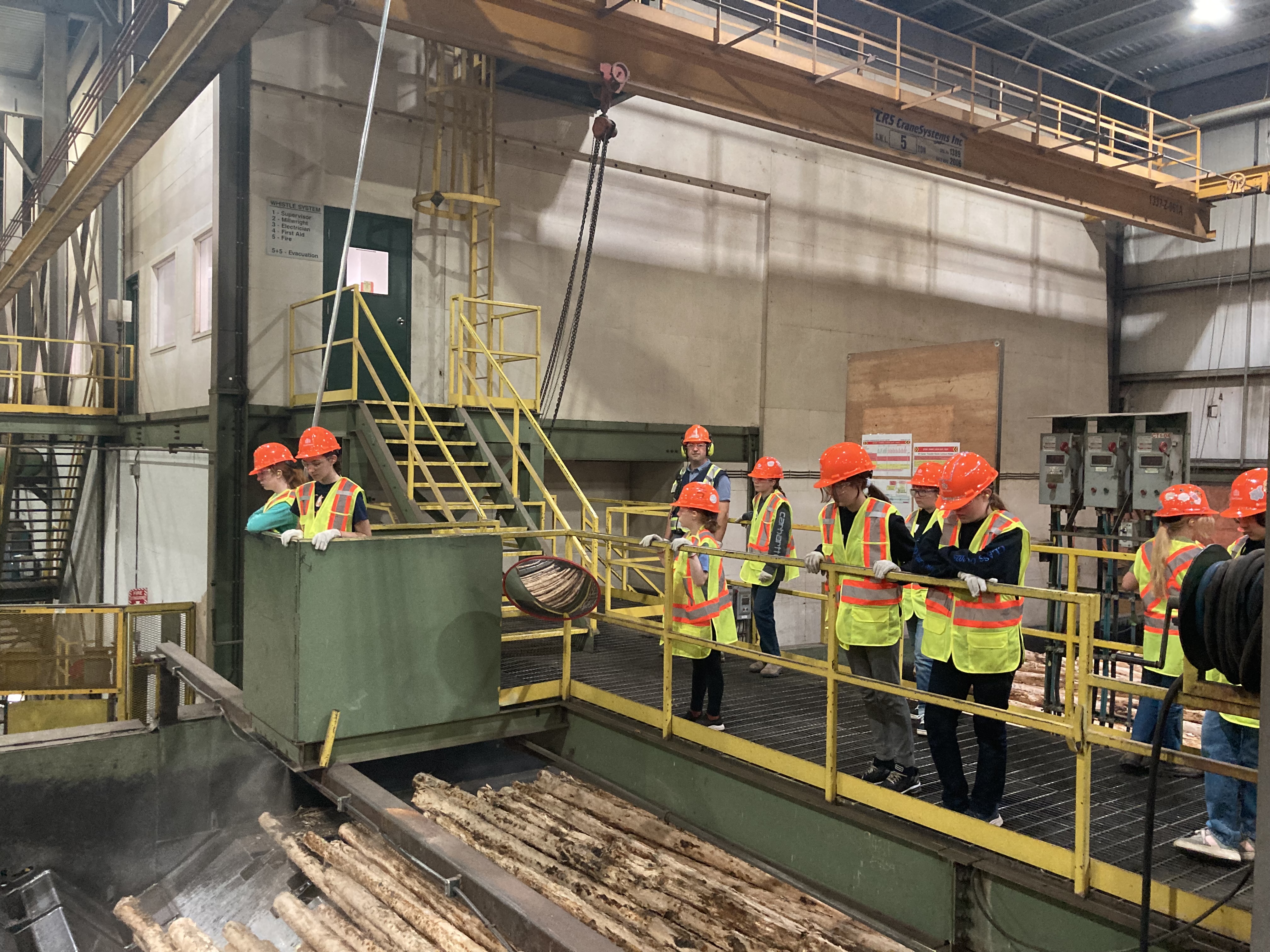 Fully geared up in personal protective equipment, Quesnel campers get a firsthand look at log processing in action.