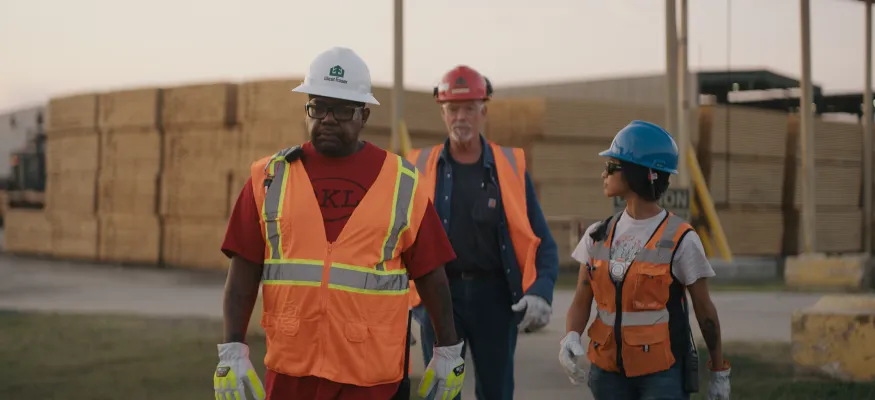 Three workers in safety gear, including helmets and vests, walk near stacked lumber at an outdoor worksite.