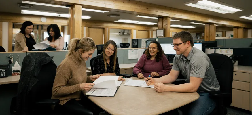 Four people sitting around a table in an office, discussing documents, with two others working in the background.