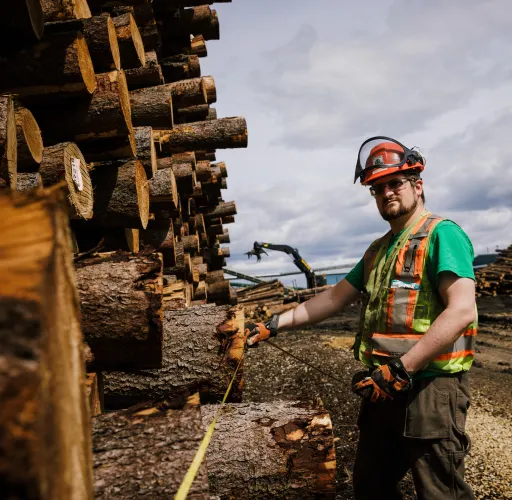 A person wearing protective gear measures a stack of logs outdoors, with a cloudy sky in the background.