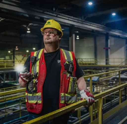 A worker in a hard hat and safety vest stands in an industrial facility, holding a flashlight. The background includes metal railings and machinery, indicating a factory or warehouse environment.
