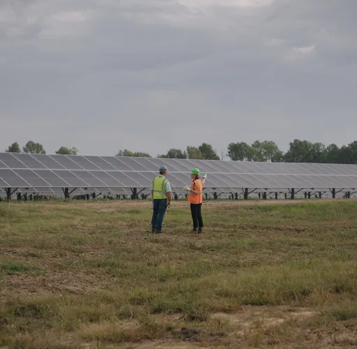 Two people in safety gear stand in a grassy field near large rows of solar panels under a cloudy sky.