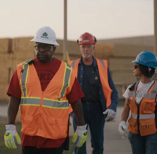 Three workers in safety gear, including helmets and vests, walk near stacked lumber at an outdoor worksite.