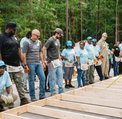 A group of people wearing casual work clothes and teal hats gather around wooden frames on the ground in an outdoor construction area.