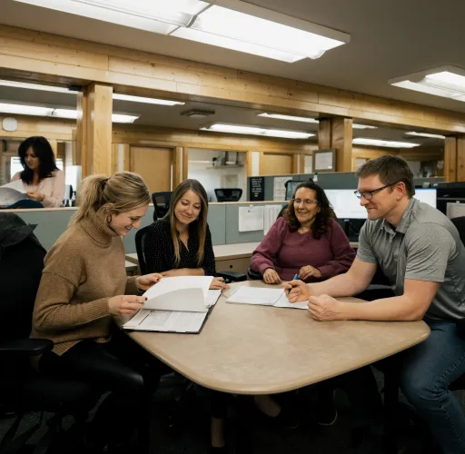 Four people sitting around a table in an office, discussing documents, with two others working in the background.