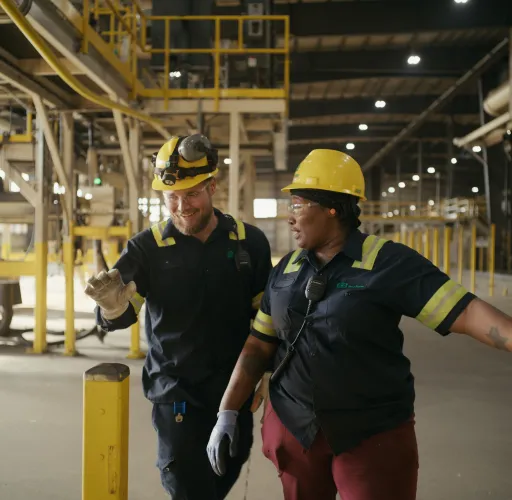 Two workers in safety gear and helmets walk and talk inside an industrial facility with large machinery and yellow railings.