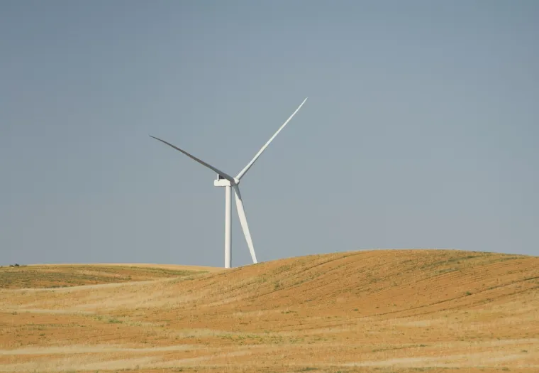 A single wind turbine stands on a grassy hill under a clear blue sky. Dense green vegetation is visible in the foreground.