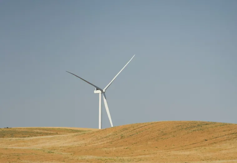 A single wind turbine stands on a grassy hill under a clear blue sky. Dense green vegetation is visible in the foreground.