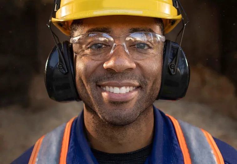 A person wearing a yellow hard hat, safety glasses, earmuffs, and a high-visibility vest smiles while standing outdoors.