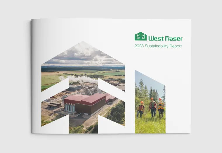 Cover of West Fraser's 2023 Sustainability Report featuring an image of an industrial facility and a photo of workers in a forested area.