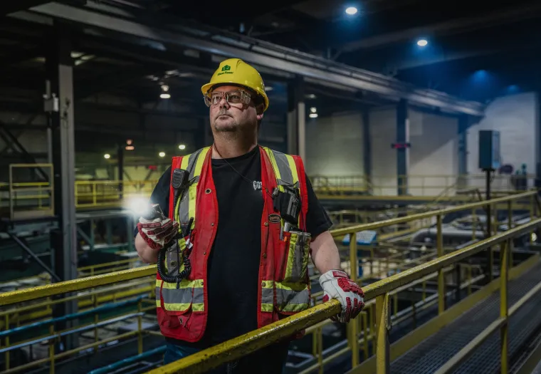 A worker in a hard hat and safety vest stands in an industrial facility, holding a flashlight. The background includes metal railings and machinery, indicating a factory or warehouse environment.
