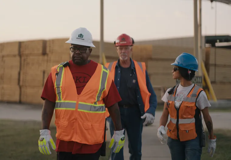 Three workers in safety gear, including helmets and vests, walk near stacked lumber at an outdoor worksite.