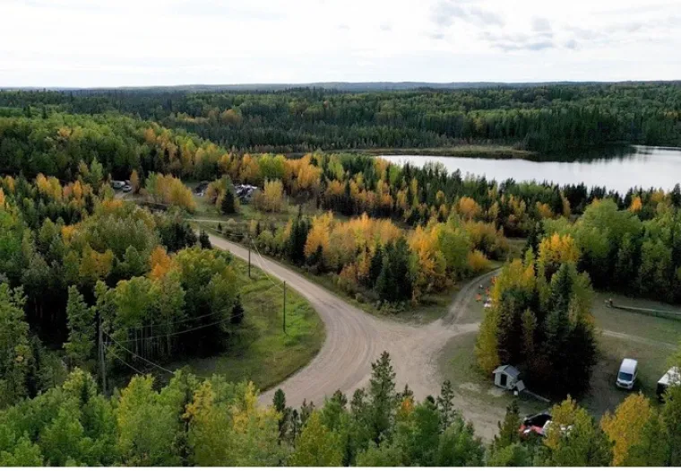 Aerial view of a forest landscape with a dirt road intersection, surrounded by trees with autumn foliage, and a lake visible in the background.