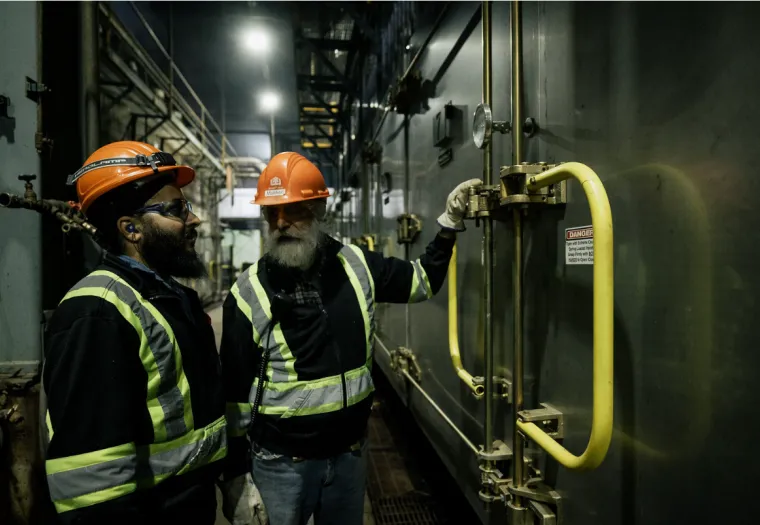 Two workers in safety gear inspect a large industrial machine inside a dimly lit facility.