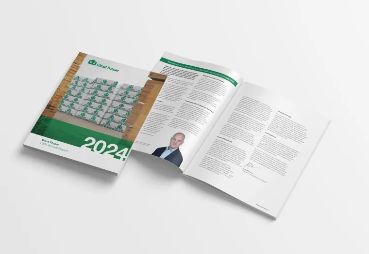 Open financial report 2024 with the cover showing the an outside walkway at mill with product, and the company logo. Inside pages contain the CEO message text, a portrait the CEO, and his signature.