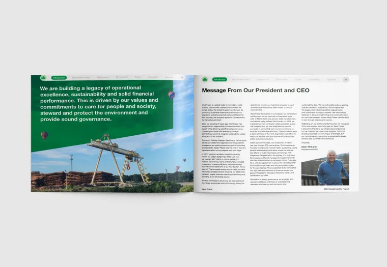 An open company report shows a photo of industrial logs with a crane and hot air balloons on the left page, and a CEO message with a portrait on the right page.