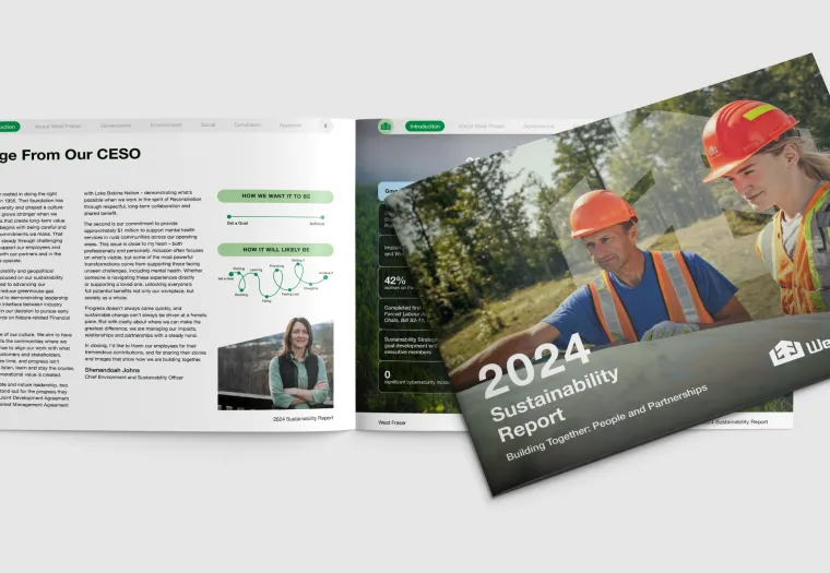 Two pages of a 2024 sustainability report by West Fraser are shown, featuring workers in safety gear on the cover and a message from the CEO inside.