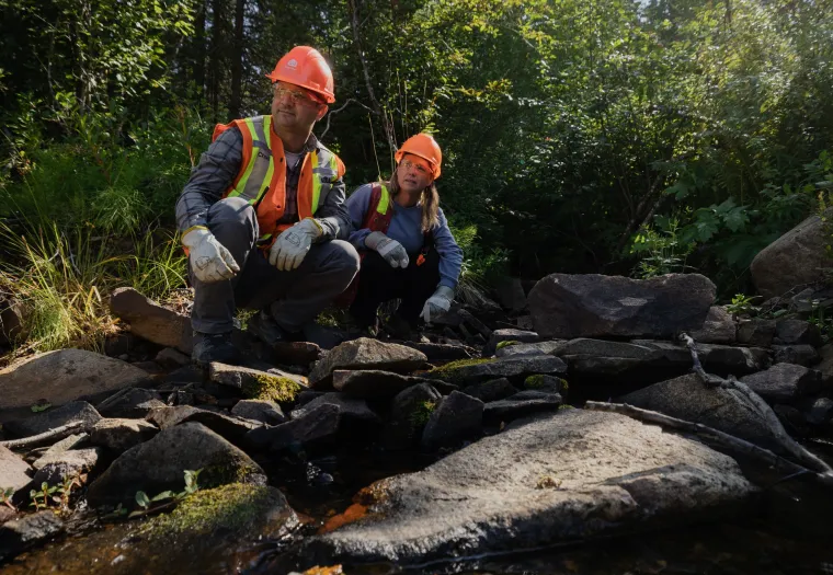 Two workers in safety vests and helmets crouch by a rocky stream surrounded by dense greenery and trees, examining the area.