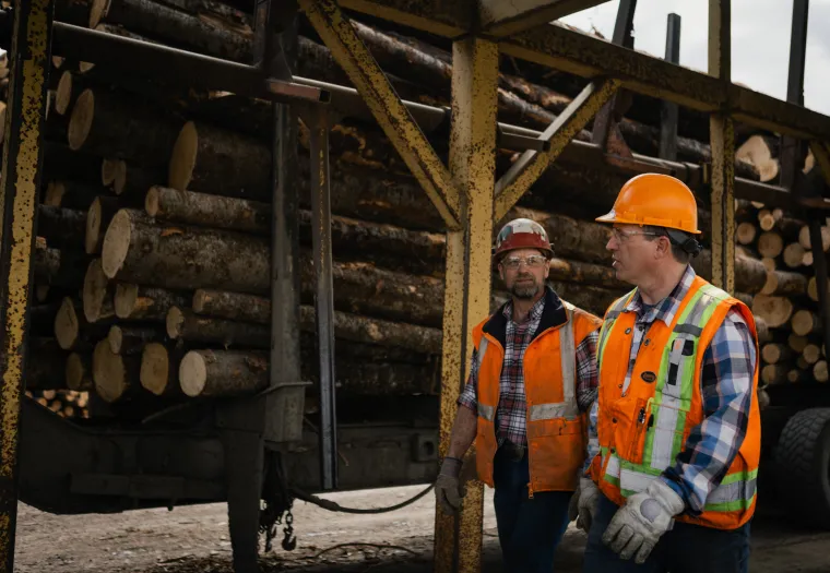 Two workers in safety gear stand beside a truck loaded with cut logs, with stacks of timber visible in the background.