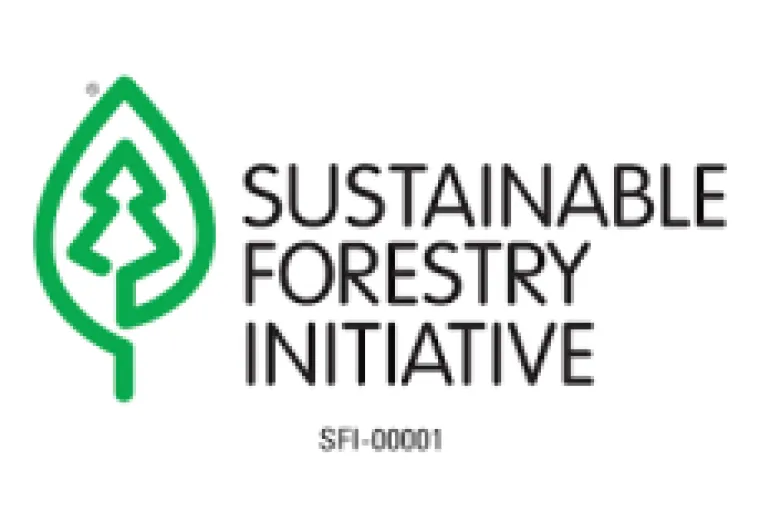 Sustainable Forestry Initiative logo with a green tree inside a leaf outline and the text "SUSTAINABLE FORESTRY INITIATIVE SFI-00001.