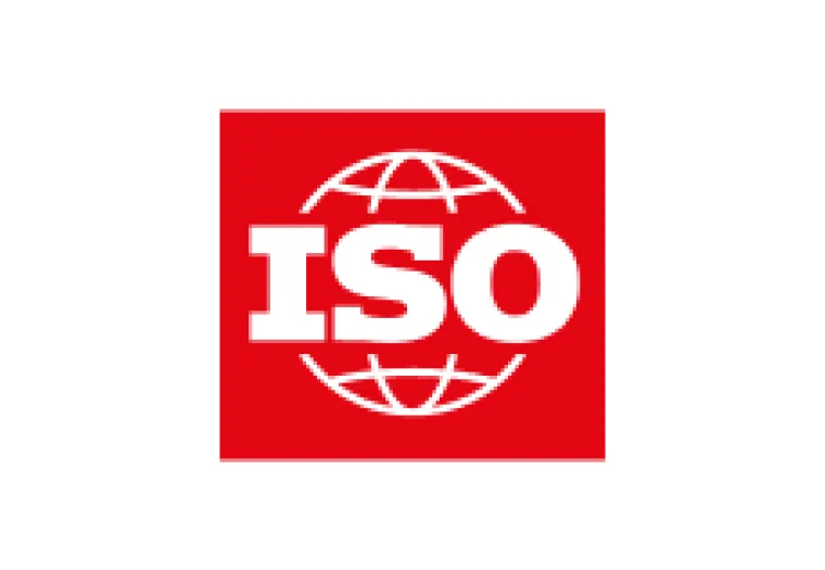 Red square logo with the letters "ISO" in bold white font, overlaying a white globe outline.