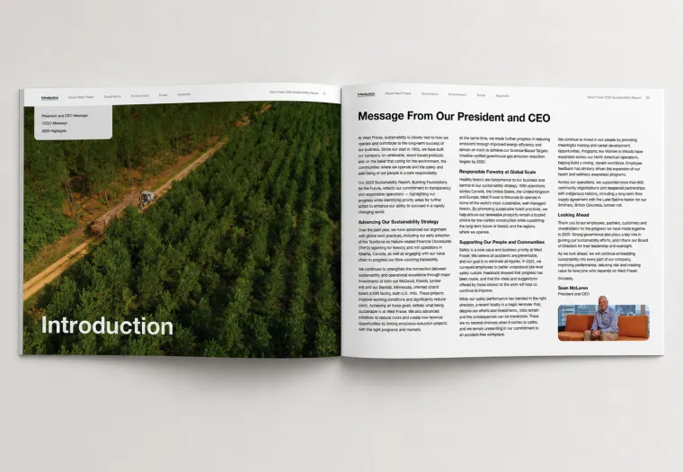 An open magazine shows an aerial photo of a forest on the left page and a CEO’s message with a small portrait on the right page.