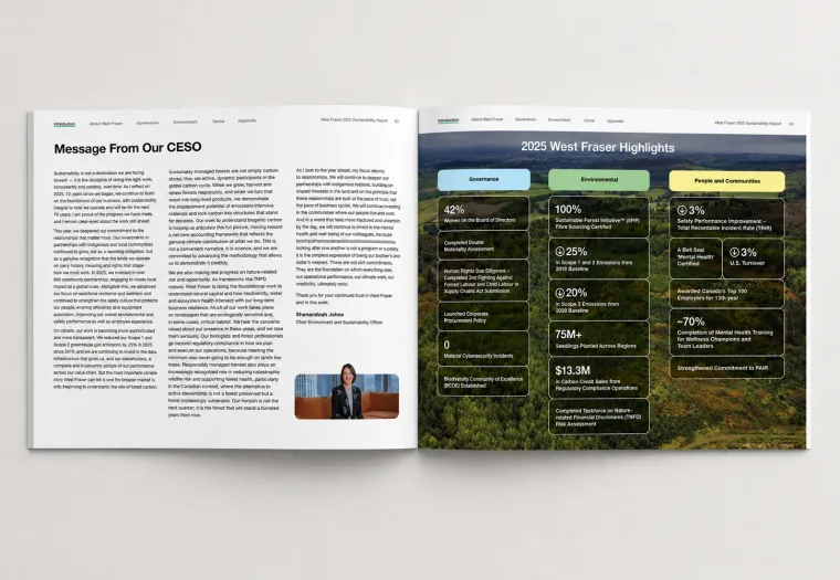 An open magazine shows a letter from the CESO on the left page and a graphic with 2025 West Fraser sustainability highlights on the right, overlaying an aerial forest image.