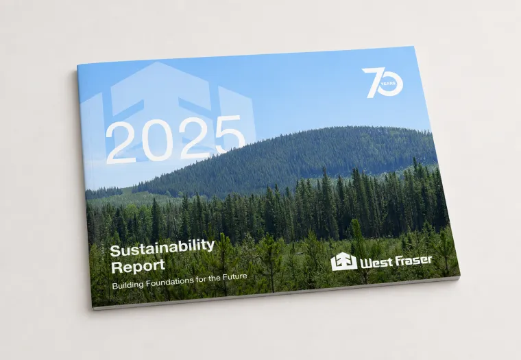 Landscape-oriented sustainability report cover for West Fraser, featuring a forest scene, large "2025" text, and "70 years" emblem. Text includes "Building Foundations for the Future.
