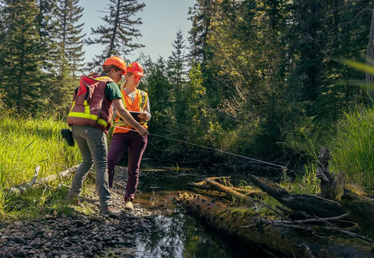 Two people wearing safety vests and helmets use measuring equipment beside a shallow stream in a forested area on a sunny day.