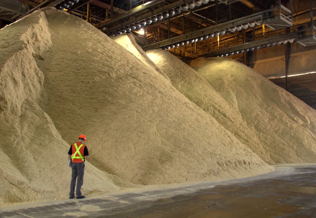 A worker in a safety vest and helmet stands near large piles of coarse, light-colored industrial material inside a warehouse.