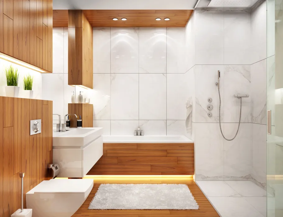 Modern bathroom with white fixtures, wood accents, a built-in bathtub, a wall-mounted shower, a white rug, and decorative plants on a shelf.