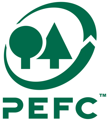PEFC logo featuring a stylized tree and checkmark in green above the letters "PEFC" in bold green font.