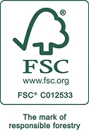FSC logo with tree checkmark, certification code FSC® C012533, website www.fsc.org, and the text "The mark of responsible forestry.