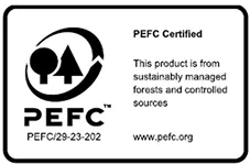 PEFC certification label stating the product is from sustainably managed forests and controlled sources, with logo and website link.