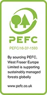 PEFC certification logo with text stating West Fraser Europe Limited supports sustainably managed forests globally. Website: www.pefc.co.uk.