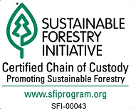 Sustainable Forestry Initiative logo with text: "Certified Chain of Custody, Promoting Sustainable Forestry, www.sfiprogram.org, SFI-00043.