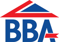 BBA logo featuring stylised red and blue roof above the letters "BBA" in bold blue font.