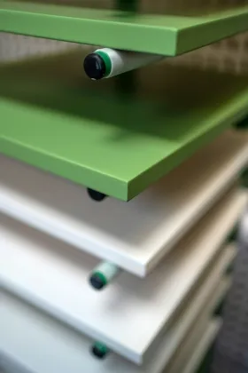 Green and white stacked shelving with visible round connectors.