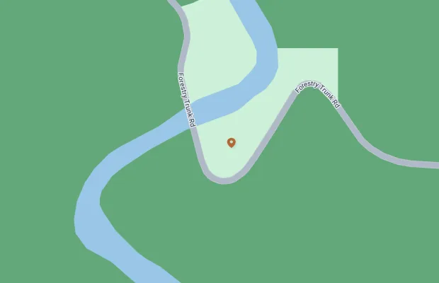 Map showing a river flowing through a forested area with Forestry Trunk Road crossing the river at two points. A location marker is placed near the river bend.