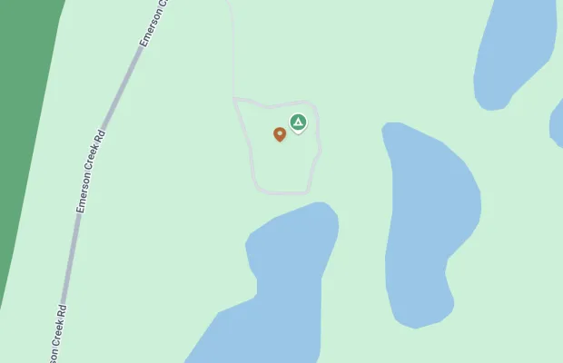 Map showing Emerson Creek Road running vertically beside a campground marked by a triangular icon, surrounded by several blue lakes.