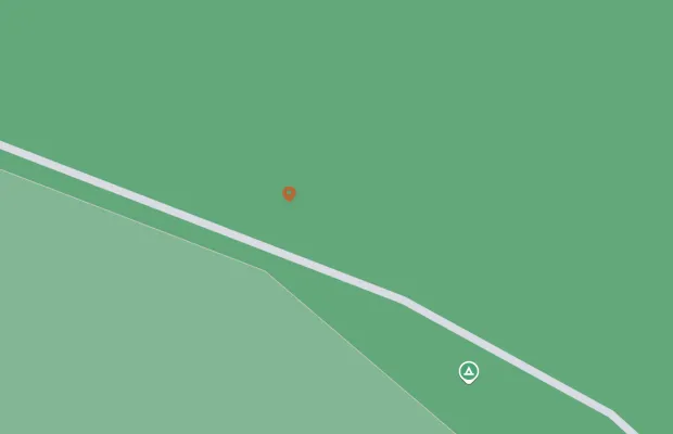 A map section showing a green area with a white road curving through it. An orange location marker is placed near the center of the image.