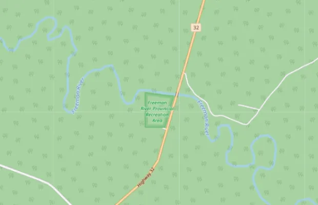 Map showing the Freeman River Provincial Recreation Area near Highway 32, surrounded by forest and the winding Freeman River.