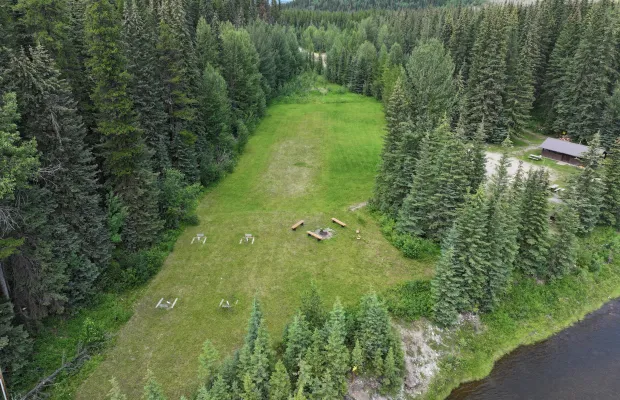 The McLeod Group Campground. Note the large picnic shelter on the right, and the horseshoe pits and group firepit in the center foreground of the picture.
