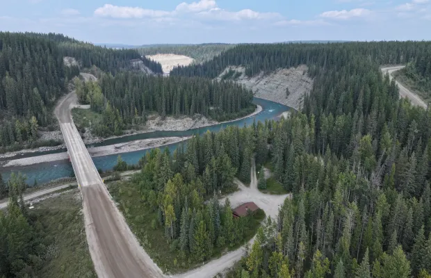 The Brazeau River Campground is in the right forefront of the picture with the Brazeau River and the picnic shelter clearly in view.
