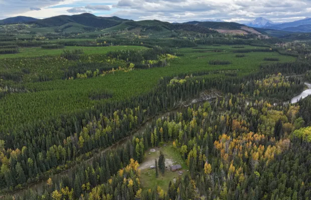 The Wildhay Group Campground is visible in the center foreground of the picture. The Wildhay River is also clearly visible.