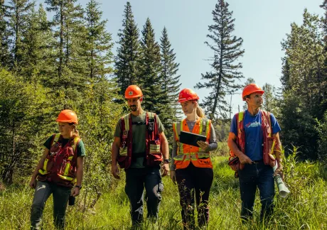 Four people wearing safety gear and helmets walk through a grassy area with tall trees in the background.