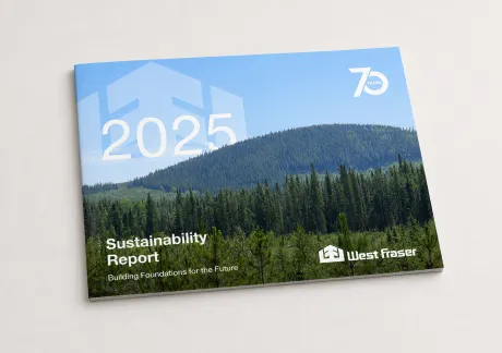 Landscape-oriented sustainability report cover for West Fraser, featuring a forest scene, large "2025" text, and "70 years" emblem. Text includes "Building Foundations for the Future.