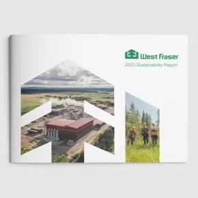 Cover of West Fraser's 2023 Sustainability Report featuring an image of an industrial facility and a photo of workers in a forested area.
