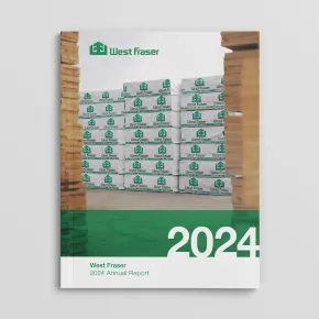 Cover of the West Fraser's 2024 Annual report, featuring stacked and wrapped product.