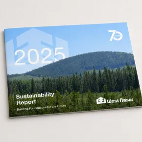 A 2025 Sustainability Report booklet from West Fraser, featuring a forested landscape and the text "Building Foundations for the Future" on the cover.